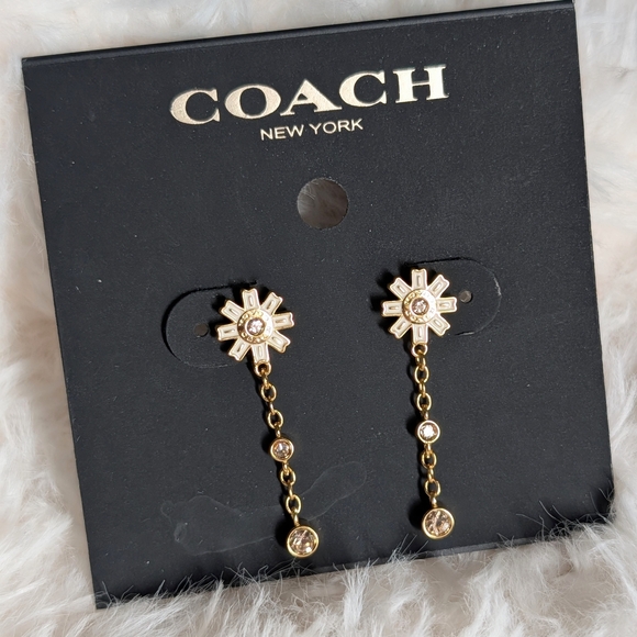 Coach White Daisy Enamel Gold Drop Earrings - Picture 3 of 5